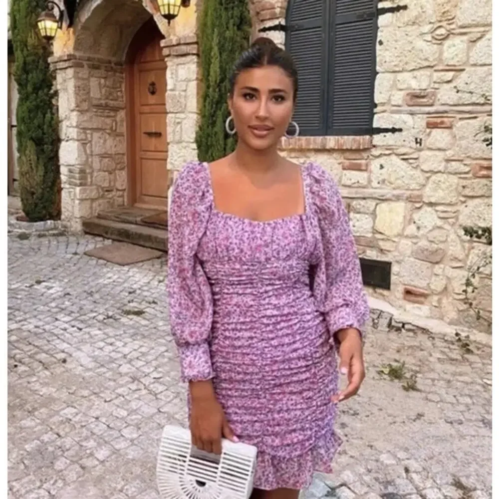 ZARA Floral Print Draped Long Sleeve Ruffle Mini Dress Bloggers Fav Pink/ Purple - Picture 2 of 12